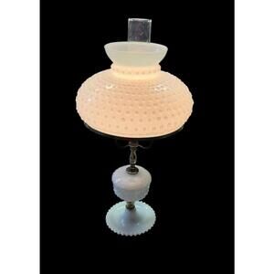 VINTAGE 25" MCM Hobnail White Milk Glass Hurricane Parlor Table Lamp 10” Shade